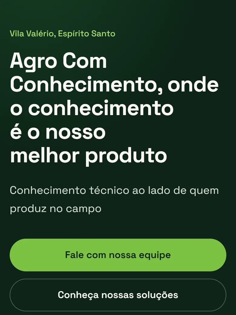 Página inicial do site da Agro com Conhecimento, em tons de verde, com o título “Agro Com Conhecimento, onde o conhecimento é o nosso melhor produto”.