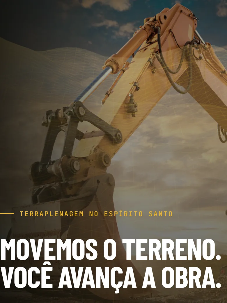 Página inicial do site da Sterce Máquinas: escavadeira ao pôr do sol com o título “Movemos o terreno. Você avança a obra.”