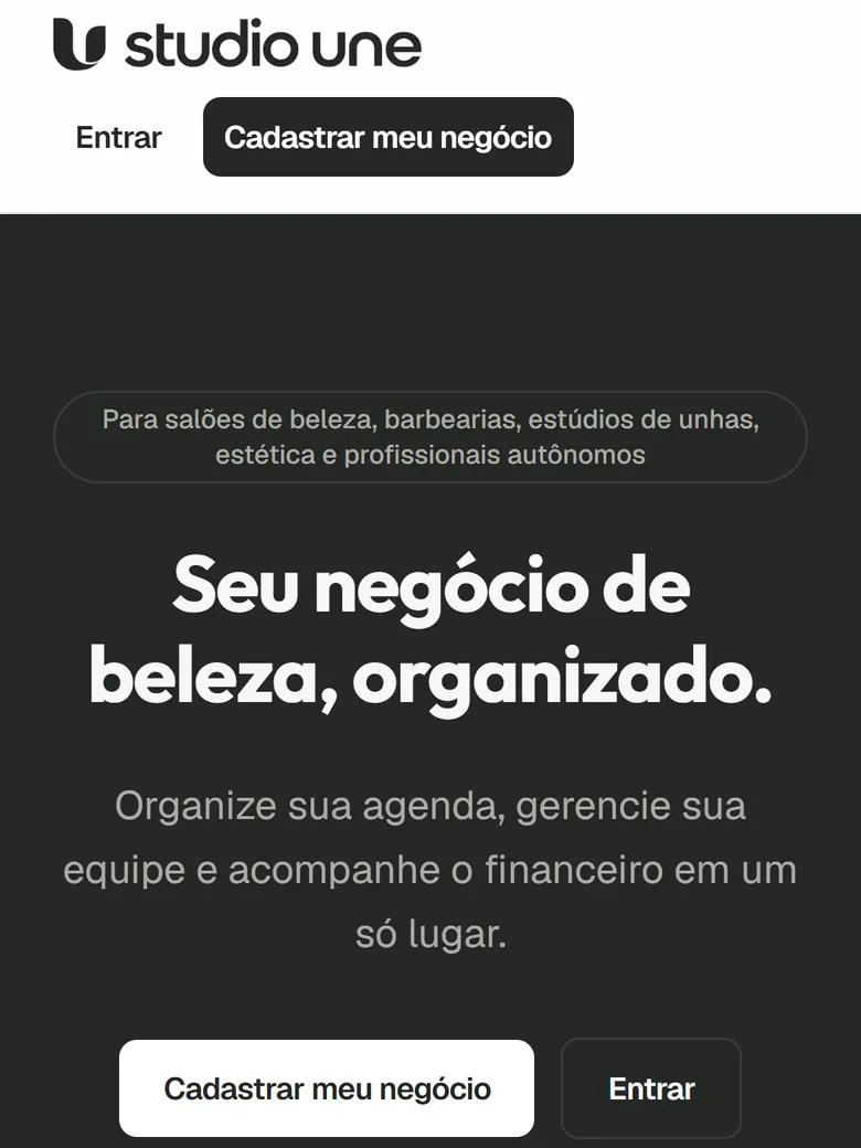 Site do Studio Une mostrando a demonstração do sistema: lista de serviços, equipe e agenda do dia de uma barbearia.